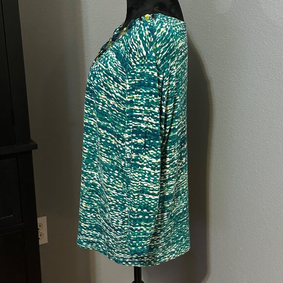 Ruby Rd Blouse XL Green Yellow Beaded Neckline 3/4 Sleeve Stretch Top Boho Print - Picture 4 of 8